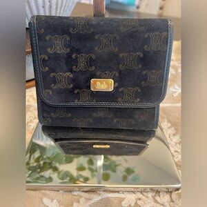 Celine Vintage Triomphe Wallet - Navy Blue with Gold Accents